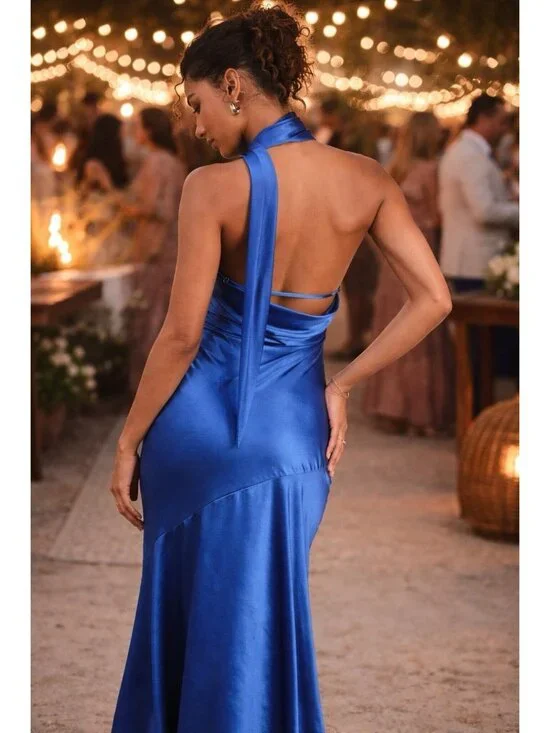 Lulus Womens Reglan Sash Midi Dress Sz Medium Blue Satin One Shoulder Low Back - Picture 8 of 8